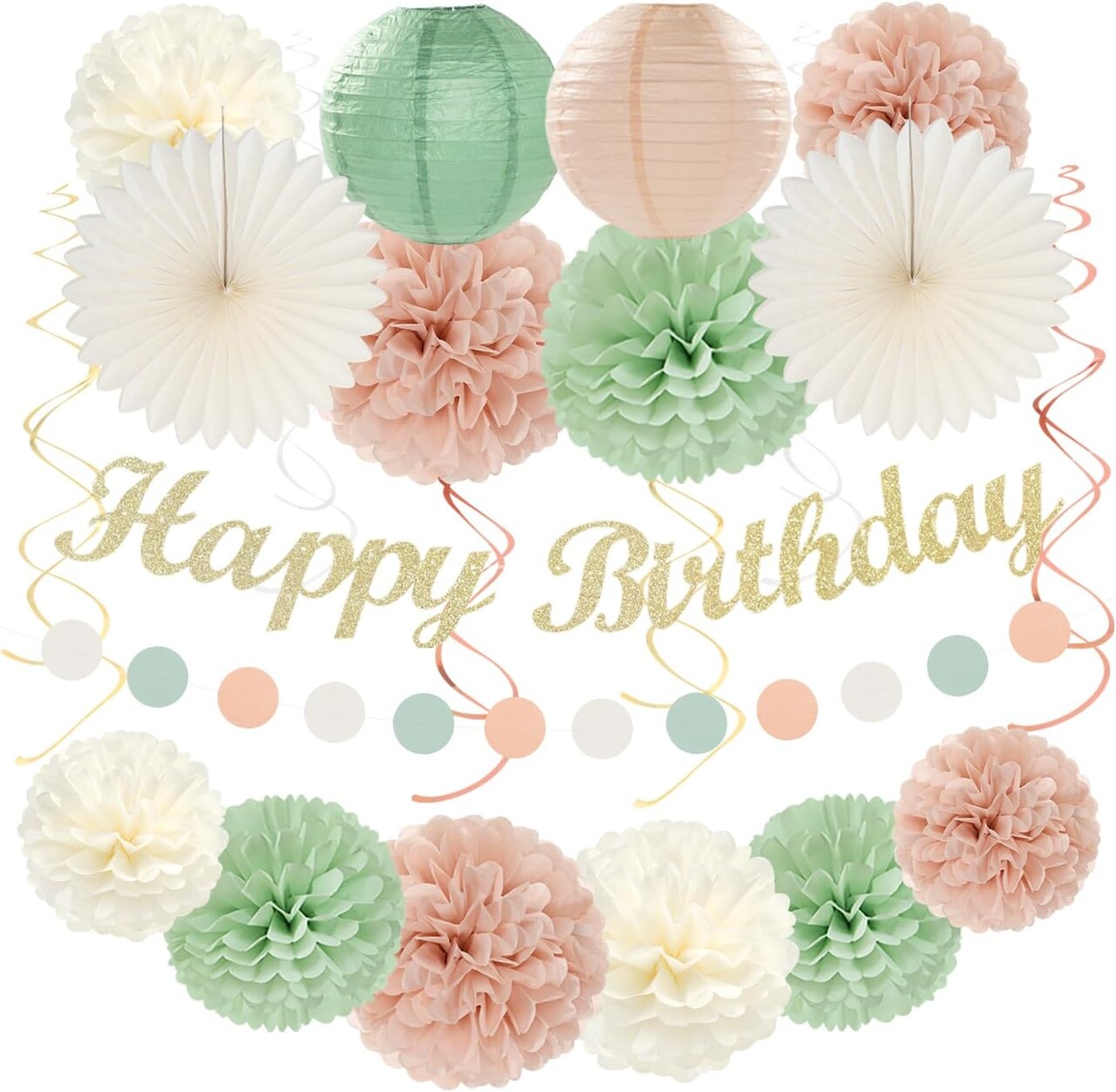 Sage-Green Pink First Happy Birthday Party-Decorations(Beige Mint Green Pink)